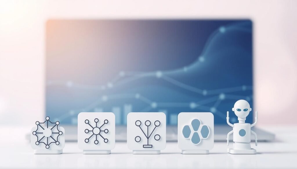 A clean, minimalist illustration showcasing various types of machine learning techniques. The foreground depicts 4-5 distinct machine learning icons or symbols, such as a neural network diagram, a decision tree, a cluster analysis chart, and a reinforcement learning agent. The middle ground shows a sleek, modern technology-inspired backdrop with a subtle grid pattern or wireframe design. The background is a softly lit, blurred gradient in complementary hues, creating depth and a sense of focus on the foreground elements. The overall aesthetic is one of scientific elegance and conceptual clarity, suitable for an informative article on machine learning. A clean, minimalist illustration showcasing various types of machine learning techniques. The foreground depicts 4-5 distinct machine learning icons or symbols, such as a neural network diagram, a decision tree, a cluster analysis chart, and a reinforcement learning agent. The middle ground shows a sleek, modern technology-inspired backdrop with a subtle grid pattern or wireframe design. The background is a softly lit, blurred gradient in complementary hues, creating depth and a sense of focus on the foreground elements. The overall aesthetic is one of scientific elegance and conceptual clarity, suitable for an informative article on machine learning.