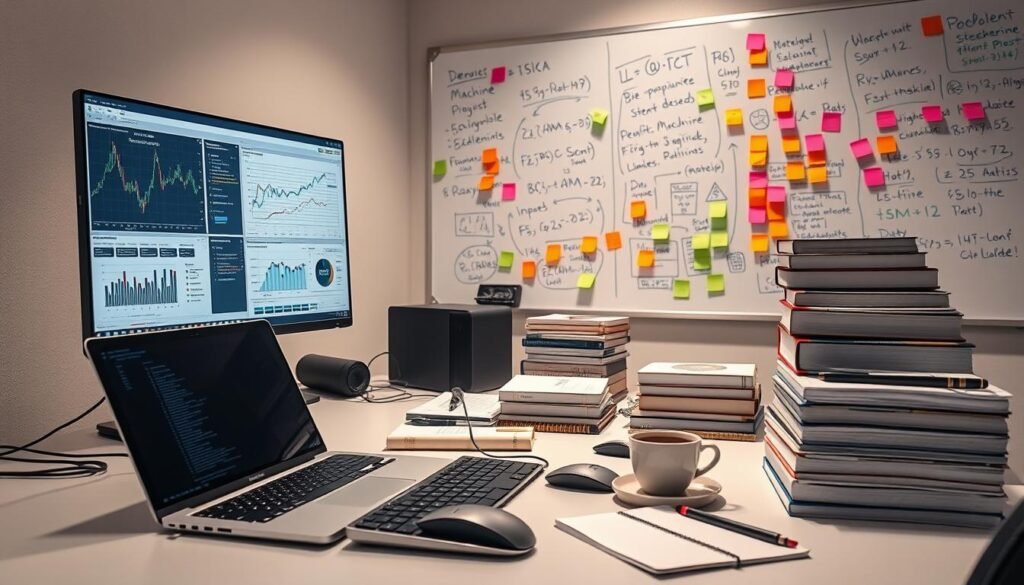 A clean, modern workspace filled with the essential tools of a data scientist's trade. In the foreground, a sleek laptop and a high-resolution monitor display complex visualizations and data analysis dashboards. Nearby, an array of external hard drives, a state-of-the-art keyboard, and a professional-grade mouse for precision data manipulation. In the middle ground, textbooks on machine learning, stacks of notebooks, and a cup of freshly brewed coffee, signifying the intellectual rigor and deep focus required. The background reveals a large whiteboard covered in equations, algorithms, and colorful sticky notes, representing the problem-solving mindset and collaborative nature of the data scientist's role. Gentle, directional lighting illuminates the scene, creating a sense of focus and productivity. A clean, modern workspace filled with the essential tools of a data scientist's trade. In the foreground, a sleek laptop and a high-resolution monitor display complex visualizations and data analysis dashboards. Nearby, an array of external hard drives, a state-of-the-art keyboard, and a professional-grade mouse for precision data manipulation. In the middle ground, textbooks on machine learning, stacks of notebooks, and a cup of freshly brewed coffee, signifying the intellectual rigor and deep focus required. The background reveals a large whiteboard covered in equations, algorithms, and colorful sticky notes, representing the problem-solving mindset and collaborative nature of the data scientist's role. Gentle, directional lighting illuminates the scene, creating a sense of focus and productivity.