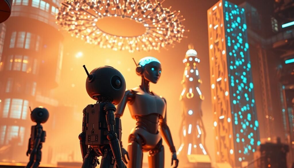A complex 3D scene depicting the four types of artificial intelligence capabilities. In the foreground, a life-like android figure representing Narrow AI, focused on a single specialized task. In the middle ground, a humanoid robot with a glowing blue "brain" representing General AI, exhibiting broad, adaptable intelligence. In the background, a towering, ethereal AI system representing Superintelligent AI, with intricate circuitry and a radiant energy field. Overhead, a cloud-like formation of nanobots represents Artificial Swarm Intelligence, a decentralized, self-organizing system. The scene is illuminated by a warm, futuristic glow, creating an awe-inspiring, almost mystical atmosphere. A complex 3D scene depicting the four types of artificial intelligence capabilities. In the foreground, a life-like android figure representing Narrow AI, focused on a single specialized task. In the middle ground, a humanoid robot with a glowing blue "brain" representing General AI, exhibiting broad, adaptable intelligence. In the background, a towering, ethereal AI system representing Superintelligent AI, with intricate circuitry and a radiant energy field. Overhead, a cloud-like formation of nanobots represents Artificial Swarm Intelligence, a decentralized, self-organizing system. The scene is illuminated by a warm, futuristic glow, creating an awe-inspiring, almost mystical atmosphere.