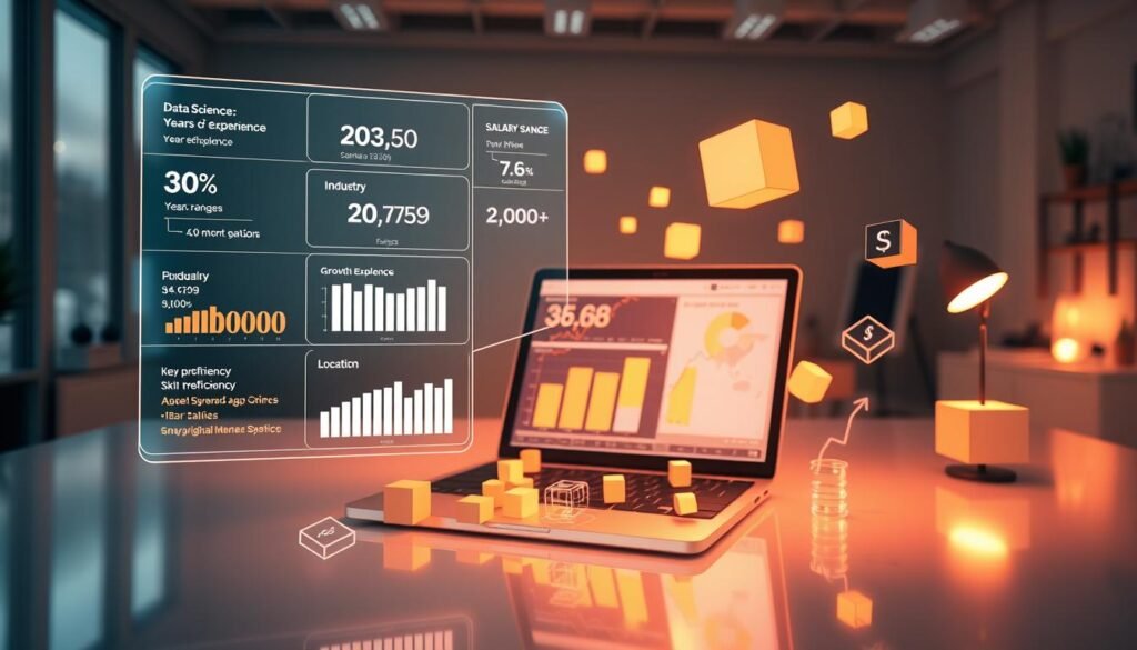 A data science salary dashboard illuminated by warm studio lighting, showcasing various factors that influence compensation, such as years of experience, industry, location, and skill proficiency. The foreground features a holographic infographic displaying salary ranges, growth trajectories, and key correlations. The middle ground depicts a 3D model of a laptop displaying a data visualization tool, surrounded by floating data cubes and analytics icons. The background is a sleek, minimalist workspace with hints of technology and professionalism, creating an atmosphere of insightful data-driven decision-making. A data science salary dashboard illuminated by warm studio lighting, showcasing various factors that influence compensation, such as years of experience, industry, location, and skill proficiency. The foreground features a holographic infographic displaying salary ranges, growth trajectories, and key correlations. The middle ground depicts a 3D model of a laptop displaying a data visualization tool, surrounded by floating data cubes and analytics icons. The background is a sleek, minimalist workspace with hints of technology and professionalism, creating an atmosphere of insightful data-driven decision-making.