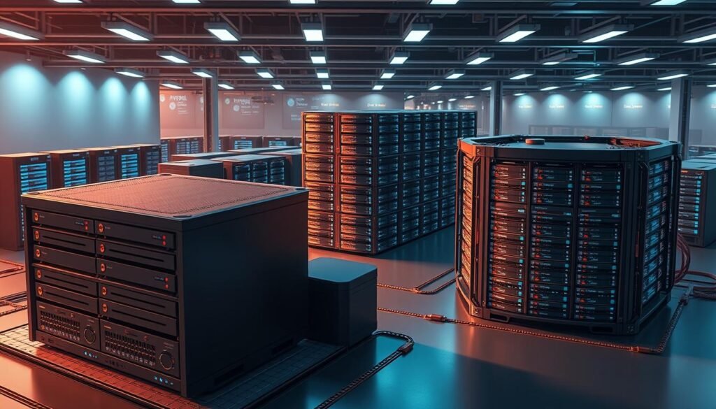 A detailed architectural comparison of Databricks and AWS Redshift data warehouses. In the foreground, a sleek and modern Databricks cluster with its integrated compute, storage, and analytics components. In the middle ground, the multi-node Redshift cluster with its storage-optimized nodes. In the background, a cloud-native landscape with servers, databases, and data flows. Bright, cool-toned lighting illuminates the scene, emphasizing the technical precision and scalability of these cloud data solutions. Captured from an elevated angle, the image conveys the complexity and power of enterprise-grade data analytics infrastructure. A detailed architectural comparison of Databricks and AWS Redshift data warehouses. In the foreground, a sleek and modern Databricks cluster with its integrated compute, storage, and analytics components. In the middle ground, the multi-node Redshift cluster with its storage-optimized nodes. In the background, a cloud-native landscape with servers, databases, and data flows. Bright, cool-toned lighting illuminates the scene, emphasizing the technical precision and scalability of these cloud data solutions. Captured from an elevated angle, the image conveys the complexity and power of enterprise-grade data analytics infrastructure.