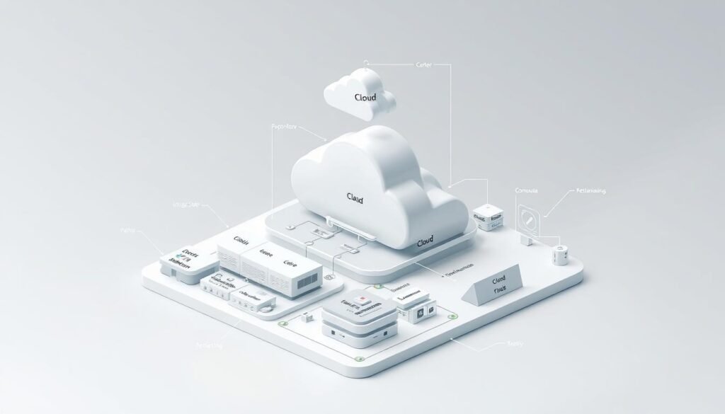 A detailed architectural diagram showcasing the core components and data flow of a cloud data platform. A clean, technical illustration with a 3D isometric perspective, rendered in muted tones with smooth gradients and soft shadows to convey a sense of depth and sophistication. The foreground features the key data processing and storage elements - data ingestion, data warehouse, data lake, and analytical tools. The middle ground highlights the cloud infrastructure - compute, storage, and networking services. The background depicts the broader cloud ecosystem - identity management, security, and monitoring tools. Crisp, precise lines and geometric shapes accentuate the modern, enterprise-grade nature of the cloud data platform.