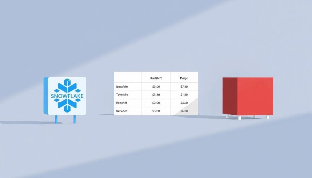 A detailed comparison of Snowflake and Redshift's cloud data warehouse pricing models, showcased in a sleek, minimalist illustration. In the foreground, two stylized icons representing Snowflake and Redshift stand side by side, their distinct visual identities clearly defined. The middle ground features a clean, grid-like layout with carefully curated data points, allowing for a comprehensive side-by-side analysis of the pricing structures. The background is a serene, muted gradient, providing a sophisticated and professional backdrop that allows the key information to take center stage. Soft, directional lighting illuminates the scene, creating depth and emphasizing the clarity of the visual presentation. The overall aesthetic is sophisticated, data-driven, and aligned with the subject matter of the article's "Pricing Models and Cost Considerations" section. A detailed comparison of Snowflake and Redshift's cloud data warehouse pricing models, showcased in a sleek, minimalist illustration. In the foreground, two stylized icons representing Snowflake and Redshift stand side by side, their distinct visual identities clearly defined. The middle ground features a clean, grid-like layout with carefully curated data points, allowing for a comprehensive side-by-side analysis of the pricing structures. The background is a serene, muted gradient, providing a sophisticated and professional backdrop that allows the key information to take center stage. Soft, directional lighting illuminates the scene, creating depth and emphasizing the clarity of the visual presentation. The overall aesthetic is sophisticated, data-driven, and aligned with the subject matter of the article's "Pricing Models and Cost Considerations" section.