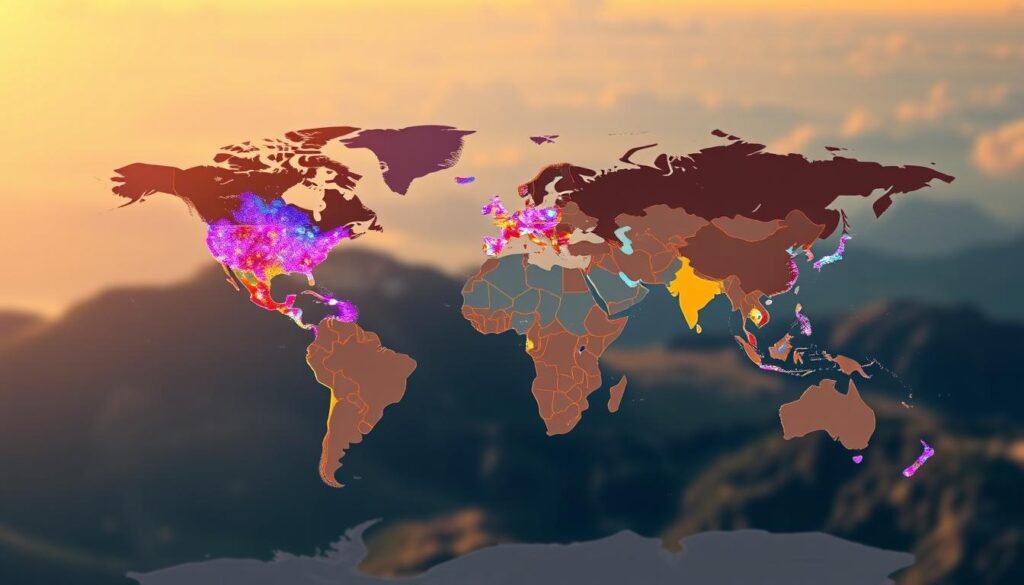 A detailed, high-resolution map of the world, illuminated by a warm, ambient light. In the foreground, a vibrant, colorful visualization of global cloud adoption data, with clusters and gradients representing the geographic distribution of Snowflake users. The middle ground features distinct country borders and major cities, rendered with a subtle, muted palette. In the background, a softly blurred topographical landscape, with mountain ranges and bodies of water gently fading into the distance. The overall composition conveys a sense of scale, depth, and data-driven insights, perfectly suited to illustrate the "Geographic Distribution of Snowflake Users" section of the article.
