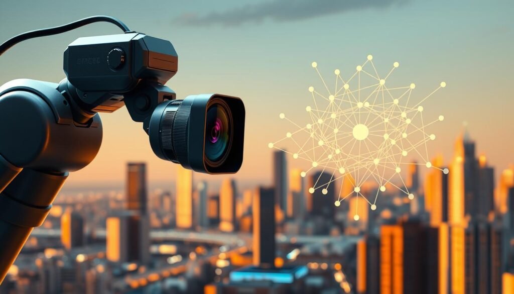 A detailed illustration of computer vision in artificial intelligence. In the foreground, a robotic arm equipped with a high-resolution camera module, capturing a complex 3D scene. The middle ground features a neural network diagram, with interconnected nodes and layers, symbolizing the deep learning algorithms that process the visual data. In the background, a city skyline bathed in warm, diffuse lighting, representing the practical applications of computer vision in smart urban environments. The overall scene conveys a sense of technological sophistication, scientific inquiry, and the seamless integration of cutting-edge AI systems with the physical world. A detailed illustration of computer vision in artificial intelligence. In the foreground, a robotic arm equipped with a high-resolution camera module, capturing a complex 3D scene. The middle ground features a neural network diagram, with interconnected nodes and layers, symbolizing the deep learning algorithms that process the visual data. In the background, a city skyline bathed in warm, diffuse lighting, representing the practical applications of computer vision in smart urban environments. The overall scene conveys a sense of technological sophistication, scientific inquiry, and the seamless integration of cutting-edge AI systems with the physical world.