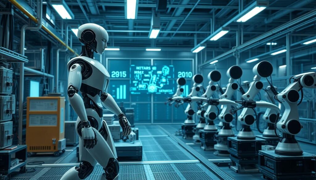 A futuristic scene of AI-powered robotics in action. In the foreground, a sleek humanoid robot effortlessly navigates a complex industrial setting, its limbs seamlessly coordinating intricate tasks. In the middle ground, a team of robotic arms work in tandem, precisely assembling advanced electronic components. The background is a high-tech laboratory, bathed in a soft blue glow from holographic displays that visualize real-time data and simulations. The overall atmosphere conveys a sense of innovation, efficiency, and the seamless integration of cutting-edge AI technology into the world of robotics. A futuristic scene of AI-powered robotics in action. In the foreground, a sleek humanoid robot effortlessly navigates a complex industrial setting, its limbs seamlessly coordinating intricate tasks. In the middle ground, a team of robotic arms work in tandem, precisely assembling advanced electronic components. The background is a high-tech laboratory, bathed in a soft blue glow from holographic displays that visualize real-time data and simulations. The overall atmosphere conveys a sense of innovation, efficiency, and the seamless integration of cutting-edge AI technology into the world of robotics.