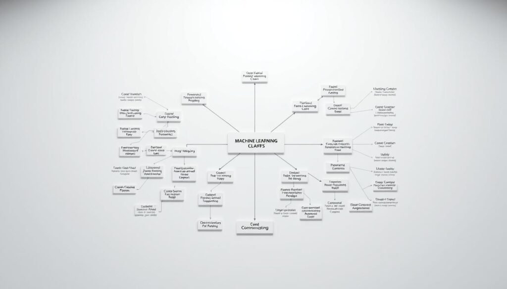A highly detailed, visually striking flowchart diagram comparing the core concepts and techniques of machine learning, rendered with a clean, minimalist aesthetic. The diagram occupies the central focus, with a crisp white background and precise, geometric layouts highlighting the various branches and interconnections of machine learning fundamentals. The lighting is soft and diffused, casting subtle shadows that accentuate the depth and dimensionality of the diagram elements. The overall composition conveys a sense of intellectual clarity and technical sophistication, suitable for illustrating the "Machine Learning Basics in AI Systems" section of the article. A highly detailed, visually striking flowchart diagram comparing the core concepts and techniques of machine learning, rendered with a clean, minimalist aesthetic. The diagram occupies the central focus, with a crisp white background and precise, geometric layouts highlighting the various branches and interconnections of machine learning fundamentals. The lighting is soft and diffused, casting subtle shadows that accentuate the depth and dimensionality of the diagram elements. The overall composition conveys a sense of intellectual clarity and technical sophistication, suitable for illustrating the "Machine Learning Basics in AI Systems" section of the article.