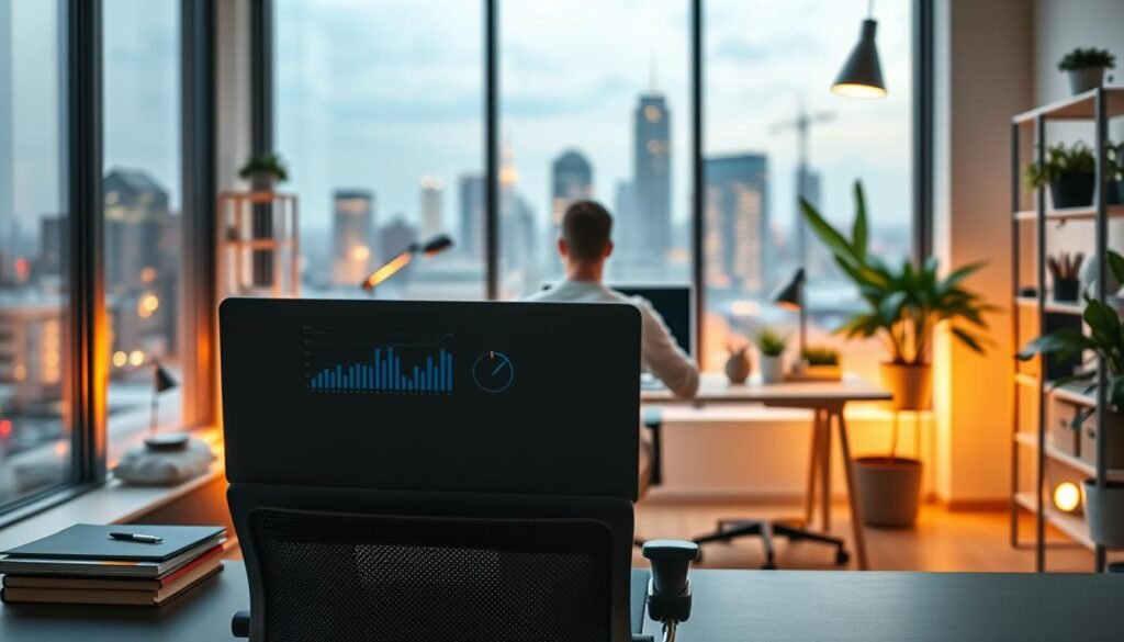 A modern office interior with a small business owner reviewing data insights on a laptop screen. The foreground features the laptop, an ergonomic chair, and a minimalist desk with office supplies. The middle ground shows a cozy work nook with plants, shelves, and warm lighting. The background depicts a large window overlooking a cityscape, with soft, natural light filtering in. The overall atmosphere is one of focus, productivity, and cost-effective data-driven decision making for the small business. A modern office interior with a small business owner reviewing data insights on a laptop screen. The foreground features the laptop, an ergonomic chair, and a minimalist desk with office supplies. The middle ground shows a cozy work nook with plants, shelves, and warm lighting. The background depicts a large window overlooking a cityscape, with soft, natural light filtering in. The overall atmosphere is one of focus, productivity, and cost-effective data-driven decision making for the small business.