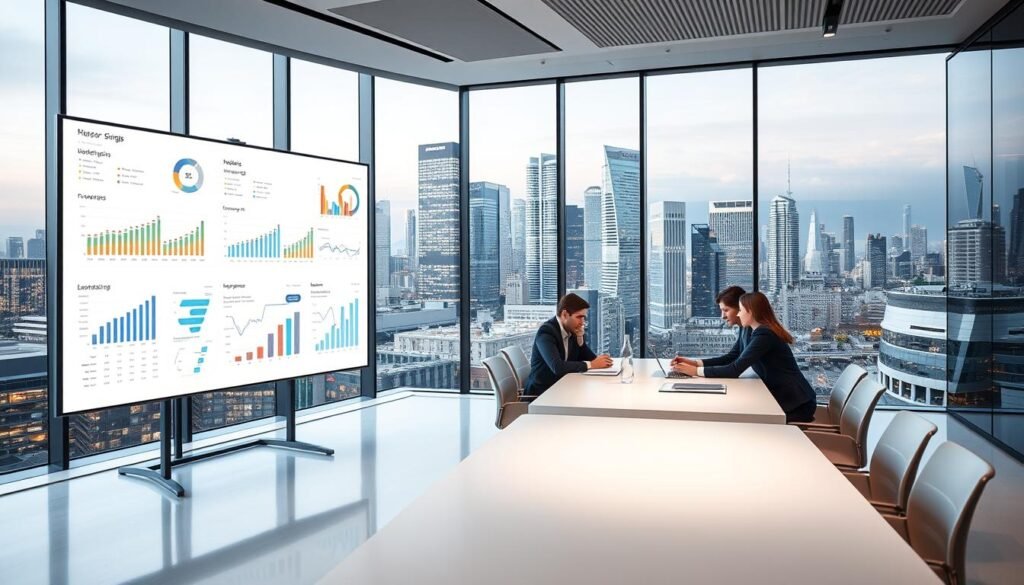 A modern office setting with a sleek, minimalist aesthetic. Prominent in the foreground, a large, high-resolution data visualization dashboard displays a variety of charts, graphs, and infographics against a clean, white background. The middle ground features a team of business professionals gathered around a conference table, intently analyzing the insights presented on the dashboard. The background depicts a panoramic view of a bustling city skyline, conveying a sense of a thriving, data-driven business environment. Soft, natural lighting illuminates the scene, creating a professional and sophisticated atmosphere. The overall composition emphasizes the importance of leveraging data visualization to drive informed decision-making in the modern corporate world. A modern office setting with a sleek, minimalist aesthetic. Prominent in the foreground, a large, high-resolution data visualization dashboard displays a variety of charts, graphs, and infographics against a clean, white background. The middle ground features a team of business professionals gathered around a conference table, intently analyzing the insights presented on the dashboard. The background depicts a panoramic view of a bustling city skyline, conveying a sense of a thriving, data-driven business environment. Soft, natural lighting illuminates the scene, creating a professional and sophisticated atmosphere. The overall composition emphasizes the importance of leveraging data visualization to drive informed decision-making in the modern corporate world.