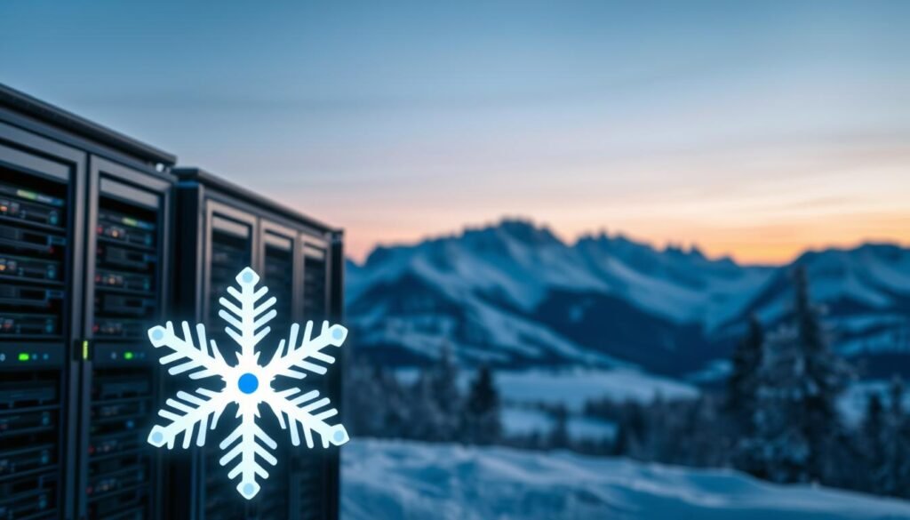 A serene wintry scene of a Snowflake data platform. In the foreground, a transparent snowflake icon hovers over a secure server rack, symbolizing Snowflake's data governance. The middle ground features sleek cybersecurity interfaces with graphs and dashboards, conveying real-time monitoring and access control. In the background, a backdrop of snow-capped mountains under a twilight sky, evoking a sense of tranquility and protection. Soft, diffused lighting illuminates the scene, creating a calming atmosphere. The perspective is slightly angled, suggesting a comprehensive, bird's-eye view of Snowflake's robust data security measures. A serene wintry scene of a Snowflake data platform. In the foreground, a transparent snowflake icon hovers over a secure server rack, symbolizing Snowflake's data governance. The middle ground features sleek cybersecurity interfaces with graphs and dashboards, conveying real-time monitoring and access control. In the background, a backdrop of snow-capped mountains under a twilight sky, evoking a sense of tranquility and protection. Soft, diffused lighting illuminates the scene, creating a calming atmosphere. The perspective is slightly angled, suggesting a comprehensive, bird's-eye view of Snowflake's robust data security measures.