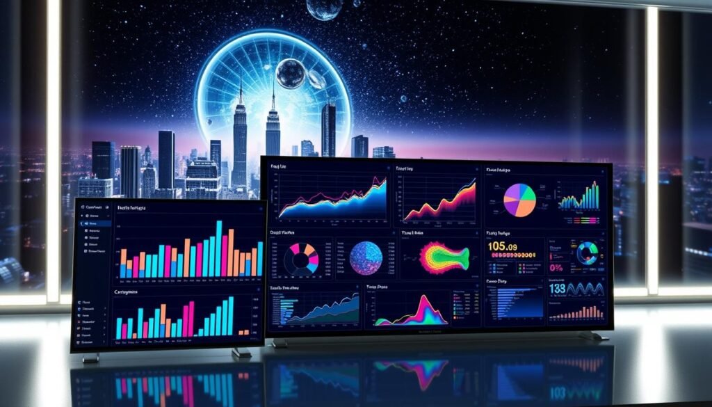 A sleek and modern data visualization suite, showcasing an array of interactive charts, graphs, and dashboards. The foreground depicts a stylish user interface, with clean lines, intuitive controls, and a minimalist color palette. In the middle ground, various data visualization types are presented, from bar charts and scatter plots to heat maps and treemaps, all glowing with vibrant hues. The background features a futuristic cityscape, with towering skyscrapers and a vast, starry sky, suggesting the power and scale of data analysis. The scene is illuminated by soft, diffused lighting, creating a sense of depth and atmosphere. The overall mood is one of sophistication, efficiency, and the power of data-driven insights. A sleek and modern data visualization suite, showcasing an array of interactive charts, graphs, and dashboards. The foreground depicts a stylish user interface, with clean lines, intuitive controls, and a minimalist color palette. In the middle ground, various data visualization types are presented, from bar charts and scatter plots to heat maps and treemaps, all glowing with vibrant hues. The background features a futuristic cityscape, with towering skyscrapers and a vast, starry sky, suggesting the power and scale of data analysis. The scene is illuminated by soft, diffused lighting, creating a sense of depth and atmosphere. The overall mood is one of sophistication, efficiency, and the power of data-driven insights.