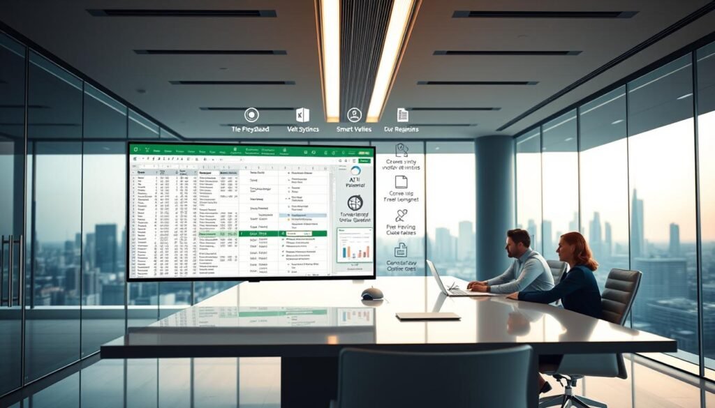 A sleek and modern office setting with an elegant glass-walled conference room. In the foreground, a large computer monitor displays an intricate Excel worksheet filled with complex formulas and data visualizations. A floating interface hovers above the screen, showcasing various AI-powered formula generation tools and time-saving features. The middle ground features a team of business professionals collaborating around a stylish conference table, their attention drawn to the smart Excel assistant. Soft, directional lighting from the ceiling casts a warm glow, while the background features a panoramic city skyline view through the glass walls, conveying a sense of innovation and productivity.