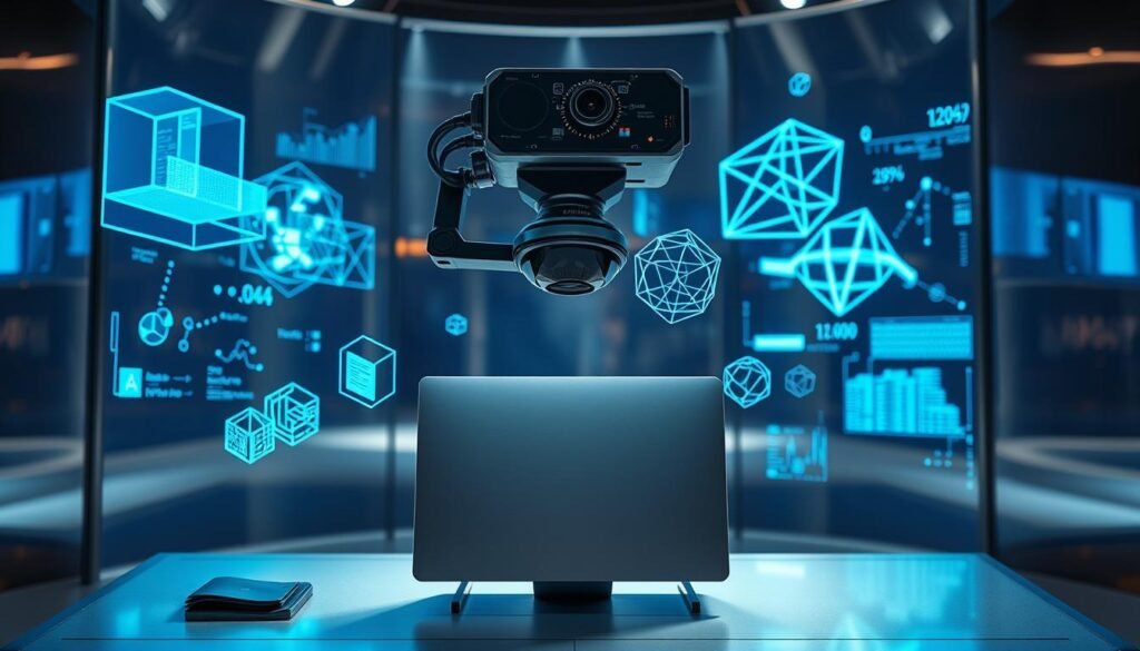 A sleek, futuristic computer vision workstation set against a backdrop of gleaming metallic surfaces and vibrant holographic displays. In the foreground, a high-resolution camera module equipped with advanced sensors and lenses hovers above a sleek, minimalist desktop computer housing powerful AI processors. Floating in the air around the workstation are 3D wireframe models, data visualizations, and abstract geometric shapes, all pulsing with an ethereal, blue-hued glow. The lighting is dramatic, with crisp shadows and highlights that accentuate the cutting-edge technology. The overall atmosphere conveys a sense of innovation, precision, and the seamless integration of artificial intelligence and computer vision. A sleek, futuristic computer vision workstation set against a backdrop of gleaming metallic surfaces and vibrant holographic displays. In the foreground, a high-resolution camera module equipped with advanced sensors and lenses hovers above a sleek, minimalist desktop computer housing powerful AI processors. Floating in the air around the workstation are 3D wireframe models, data visualizations, and abstract geometric shapes, all pulsing with an ethereal, blue-hued glow. The lighting is dramatic, with crisp shadows and highlights that accentuate the cutting-edge technology. The overall atmosphere conveys a sense of innovation, precision, and the seamless integration of artificial intelligence and computer vision.