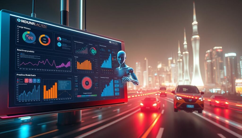 A sleek, metallic data visualization dashboard hovers in a futuristic, neon-lit environment. In the foreground, an array of interactive charts, graphs, and predictive models visualize complex analytics, their vibrant colors and dynamic motions reflecting the power of machine learning. The middle ground features a humanoid AI assistant, its holographic form gesturing towards the data, guiding the viewer through the insights. In the background, a cityscape of gleaming towers and hovering vehicles sets the scene, hinting at the widespread integration of predictive technologies. Crisp, high-contrast lighting emphasizes the sharp edges and smooth surfaces, creating an atmosphere of technological sophistication and cutting-edge innovation. A sleek, metallic data visualization dashboard hovers in a futuristic, neon-lit environment. In the foreground, an array of interactive charts, graphs, and predictive models visualize complex analytics, their vibrant colors and dynamic motions reflecting the power of machine learning. The middle ground features a humanoid AI assistant, its holographic form gesturing towards the data, guiding the viewer through the insights. In the background, a cityscape of gleaming towers and hovering vehicles sets the scene, hinting at the widespread integration of predictive technologies. Crisp, high-contrast lighting emphasizes the sharp edges and smooth surfaces, creating an atmosphere of technological sophistication and cutting-edge innovation.