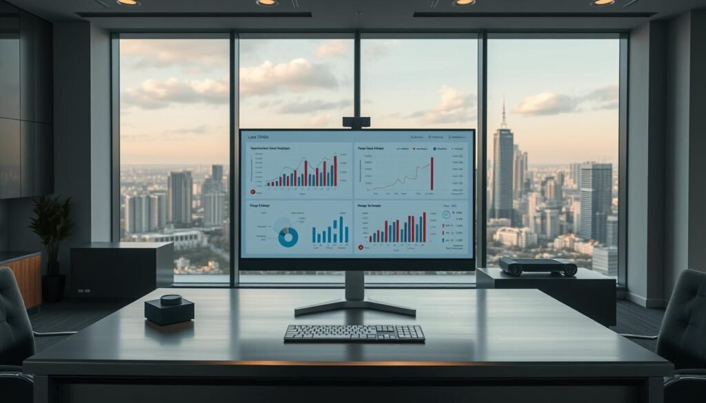 A sleek, modern business intelligence dashboard displays real-time data visualizations on a large, high-resolution monitor. The dashboard features interactive charts, graphs, and KPIs presented in a clean, minimalist layout. Soft, directional lighting illuminates the dashboard, creating a sophisticated, professional atmosphere. The dashboard is situated on a sturdy, brushed metal desk in a spacious, well-appointed office overlooking a vibrant cityscape through floor-to-ceiling windows. The overall scene conveys a sense of efficiency, productivity, and informed, data-driven decision making. A sleek, modern business intelligence dashboard displays real-time data visualizations on a large, high-resolution monitor. The dashboard features interactive charts, graphs, and KPIs presented in a clean, minimalist layout. Soft, directional lighting illuminates the dashboard, creating a sophisticated, professional atmosphere. The dashboard is situated on a sturdy, brushed metal desk in a spacious, well-appointed office overlooking a vibrant cityscape through floor-to-ceiling windows. The overall scene conveys a sense of efficiency, productivity, and informed, data-driven decision making.