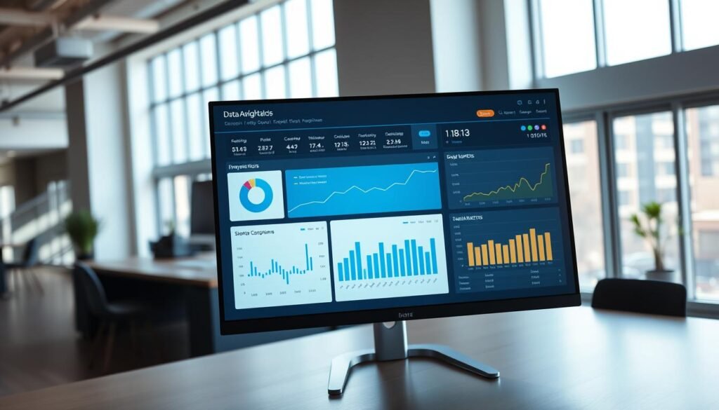 A sleek, modern data analytics dashboard displayed on a large, high-resolution computer screen. The dashboard features clean, minimalist design with intuitive visualizations and charts showcasing key business metrics and insights. The dashboard is situated in a bright, airy office space with floor-to-ceiling windows, allowing natural light to illuminate the scene. Soft, directional lighting casts subtle shadows, enhancing the depth and dimensionality of the dashboard. The camera angle is slightly elevated, providing a comprehensive view of the dashboard and the surrounding workspace. The overall atmosphere conveys a sense of professionalism, efficiency, and technological sophistication. A sleek, modern data analytics dashboard displayed on a large, high-resolution computer screen. The dashboard features clean, minimalist design with intuitive visualizations and charts showcasing key business metrics and insights. The dashboard is situated in a bright, airy office space with floor-to-ceiling windows, allowing natural light to illuminate the scene. Soft, directional lighting casts subtle shadows, enhancing the depth and dimensionality of the dashboard. The camera angle is slightly elevated, providing a comprehensive view of the dashboard and the surrounding workspace. The overall atmosphere conveys a sense of professionalism, efficiency, and technological sophistication.