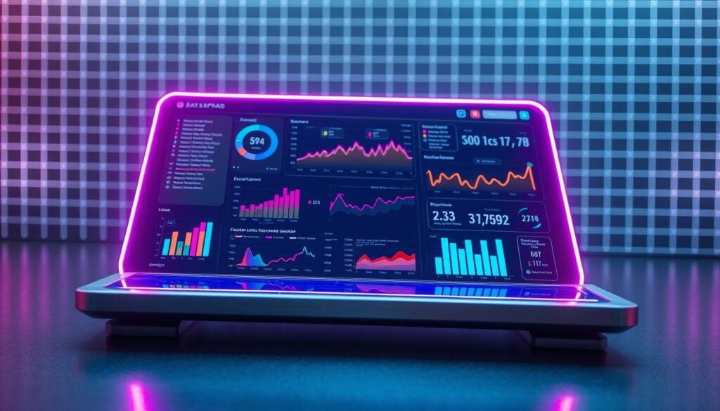 A sleek, modern data visualization dashboard displayed on a futuristic datapad device. In the foreground, a holographic display shows dynamic charts, graphs, and analytics in vibrant, neon-like colors. The datapad's touchscreen interface is seamlessly integrated, allowing for intuitive data manipulation and exploration. The middle ground features a minimalist, brushed metal frame surrounding the display, giving it a high-tech, industrial aesthetic. In the background, a subtle, glowing grid pattern creates a sense of depth and digital ambiance, complementing the dashboard's cutting-edge design. Soft, directional lighting illuminates the scene, casting dramatic shadows and highlights to accentuate the datapad's advanced capabilities and the data's visual impact.