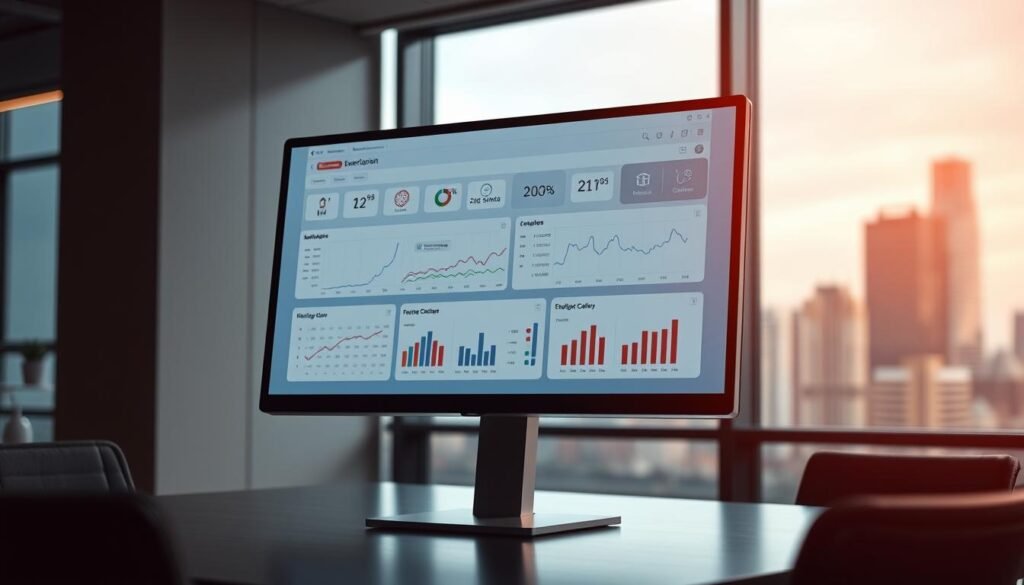 A sleek, modern executive dashboard displayed on a large, high-resolution computer monitor. The dashboard features a clean, minimal design with intuitive data visualizations, including line graphs, bar charts, and key performance indicators. The dashboard is set against a dimly lit office environment, with a blurred background of a city skyline visible through a large window. Soft, directional lighting casts a warm glow on the dashboard, creating a sense of professionalism and authority. The overall mood is one of efficiency, control, and strategic decision-making. A sleek, modern executive dashboard displayed on a large, high-resolution computer monitor. The dashboard features a clean, minimal design with intuitive data visualizations, including line graphs, bar charts, and key performance indicators. The dashboard is set against a dimly lit office environment, with a blurred background of a city skyline visible through a large window. Soft, directional lighting casts a warm glow on the dashboard, creating a sense of professionalism and authority. The overall mood is one of efficiency, control, and strategic decision-making.