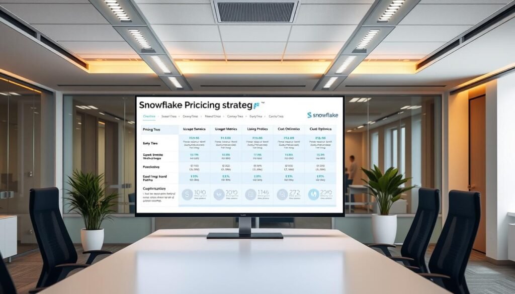 A spacious, well-lit corporate office setting, with a large digital display presenting a detailed "Snowflake Pricing Strategy" infographic. The infographic showcases various pricing tiers, usage-based metrics, and cost optimization techniques for the Snowflake cloud data warehouse solution. The display is positioned prominently on a sleek, minimalist desk, surrounded by ergonomic chairs and potted plants. Warm, diffused lighting from overhead fixtures creates a professional and informative atmosphere, highlighting the importance of the pricing strategy content. The overall scene conveys a sense of thoughtful consideration and data-driven decision making for the Snowflake platform.
