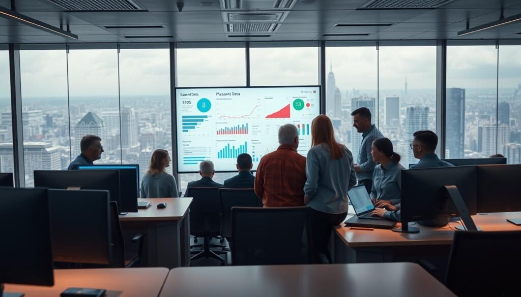 A state-of-the-art office interior, with sleek workstations and modern furniture. The center of the frame features a large display screen showcasing data visualizations and insights from the "Pleasant Data" analytics platform. Employees huddle around the screen, engaged in animated discussions, their faces lit by the warm glow of the display. The background is a panoramic view of a bustling cityscape, hinting at the global reach and impact of this data-driven culture transformation. Soft, diffused lighting casts a sense of collaboration and progress, as the team harnesses the power of data to drive their business forward.