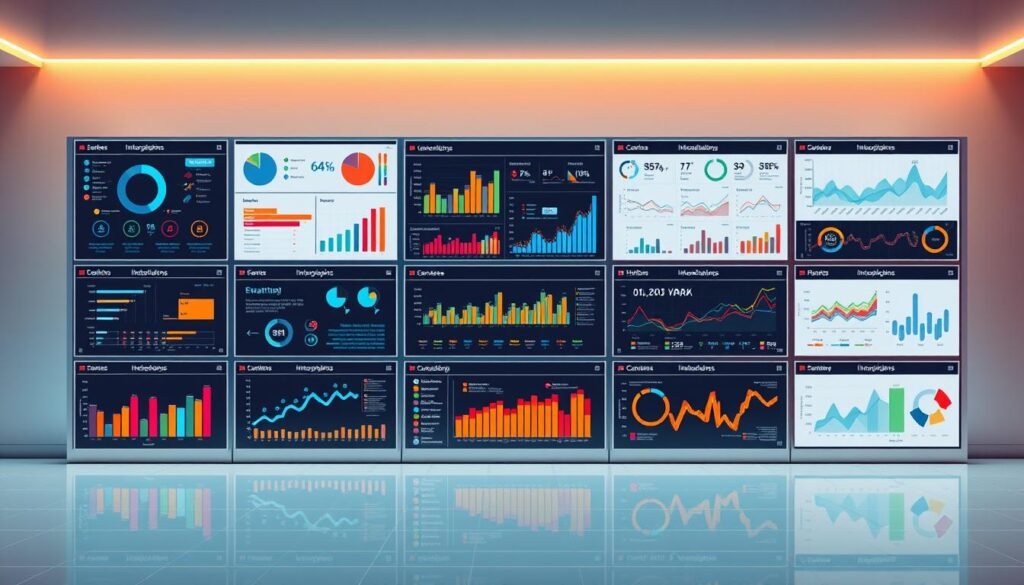 A striking data visualization dashboard with vibrant infographics, elegant charts, and interactive dashboards, showcased against a sleek, minimalistic backdrop. The foreground features a tiled array of leading AI-powered data visualization tools, each with distinct styles and capabilities. The middle ground displays crisp, dynamic visualizations demonstrating the tools' advanced data analysis and storytelling features. The background sets a sophisticated, futuristic tone with subtle holographic elements and a softly lit gradient. Warm lighting casts an inviting glow, while a shallow depth of field keeps the focus on the central data visualization tools comparison.