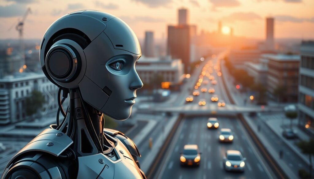 A stunning, high-resolution image of computer vision applications. In the foreground, a sleek, state-of-the-art humanoid robot with advanced cameras and sensors, showcasing the latest advancements in object recognition and facial analysis. In the middle ground, a network of interconnected devices and systems, illustrating the integration of computer vision into smart home and IoT technologies. In the background, a bustling cityscape with autonomous vehicles navigating the streets, powered by sophisticated computer vision algorithms. The scene is bathed in a warm, futuristic glow, conveying the transformative potential of these cutting-edge technologies. The composition emphasizes the seamless integration of computer vision into our daily lives, shaping the way we interact with the world around us. A stunning, high-resolution image of computer vision applications. In the foreground, a sleek, state-of-the-art humanoid robot with advanced cameras and sensors, showcasing the latest advancements in object recognition and facial analysis. In the middle ground, a network of interconnected devices and systems, illustrating the integration of computer vision into smart home and IoT technologies. In the background, a bustling cityscape with autonomous vehicles navigating the streets, powered by sophisticated computer vision algorithms. The scene is bathed in a warm, futuristic glow, conveying the transformative potential of these cutting-edge technologies. The composition emphasizes the seamless integration of computer vision into our daily lives, shaping the way we interact with the world around us.