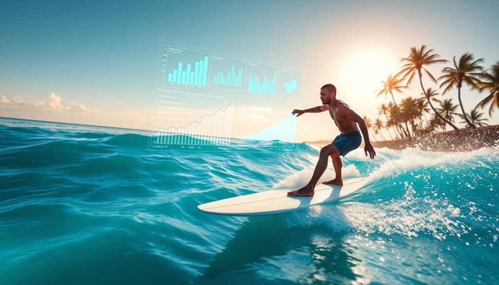 A surfer riding a sleek, futuristic surfboard in the foreground, gliding effortlessly through translucent, azure waves. In the middle ground, a holographic display projects data visualizations, graphs, and analytical insights, reflecting the AI-driven content analysis capabilities of Surfer SEO tools. The background features a serene, sun-dappled coastline, with palm trees swaying gently in the warm breeze, conveying a sense of innovative technology seamlessly integrated with the natural world. The scene is illuminated by a soft, diffused lighting that highlights the surfer's athletic form and the holographic display's crisp, vivid imagery. The camera angle is slightly elevated, capturing the dynamic interplay between the human, the technology, and the natural environment. The overall mood is one of effortless mastery, technological prowess, and a harmonious fusion of man, machine, and nature. A surfer riding a sleek, futuristic surfboard in the foreground, gliding effortlessly through translucent, azure waves. In the middle ground, a holographic display projects data visualizations, graphs, and analytical insights, reflecting the AI-driven content analysis capabilities of Surfer SEO tools. The background features a serene, sun-dappled coastline, with palm trees swaying gently in the warm breeze, conveying a sense of innovative technology seamlessly integrated with the natural world. The scene is illuminated by a soft, diffused lighting that highlights the surfer's athletic form and the holographic display's crisp, vivid imagery. The camera angle is slightly elevated, capturing the dynamic interplay between the human, the technology, and the natural environment. The overall mood is one of effortless mastery, technological prowess, and a harmonious fusion of man, machine, and nature.