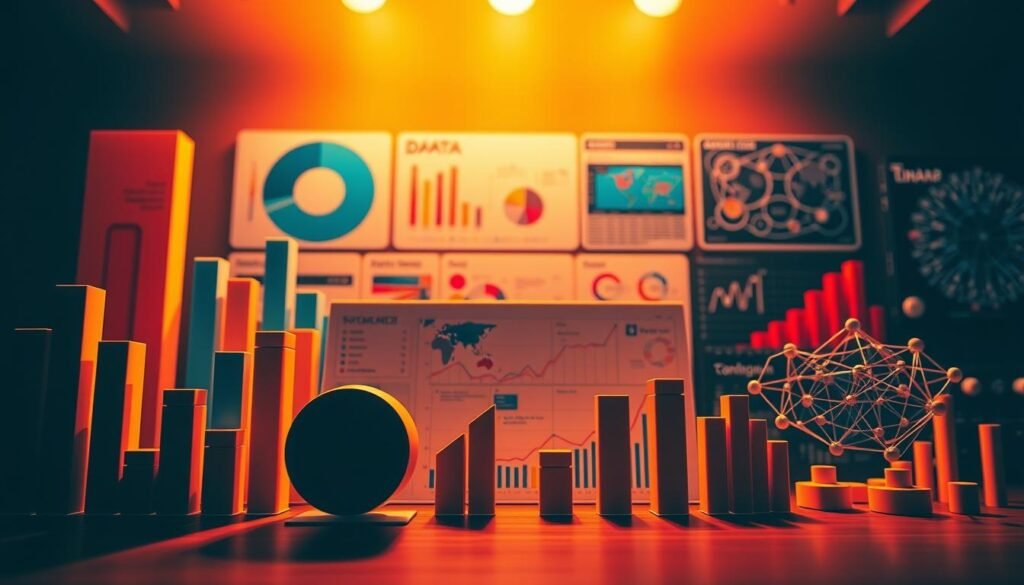 A vibrant, detailed data visualization showcase depicting an array of common data visualization types. In the foreground, a clean, minimalist bar chart, pie chart, line graph, and scatter plot arranged in an organic, balanced composition. The middle ground features a lively infographic with icons, maps, and timelines. In the background, a dynamic 3D data model, a sleek dashboard, and a complex network diagram, all rendered with precision and depth. The scene is illuminated by warm, directional lighting that casts dramatic shadows, creating a professional, editorial atmosphere. The overall composition conveys the versatility and visual impact of data visualization techniques. A vibrant, detailed data visualization showcase depicting an array of common data visualization types. In the foreground, a clean, minimalist bar chart, pie chart, line graph, and scatter plot arranged in an organic, balanced composition. The middle ground features a lively infographic with icons, maps, and timelines. In the background, a dynamic 3D data model, a sleek dashboard, and a complex network diagram, all rendered with precision and depth. The scene is illuminated by warm, directional lighting that casts dramatic shadows, creating a professional, editorial atmosphere. The overall composition conveys the versatility and visual impact of data visualization techniques.