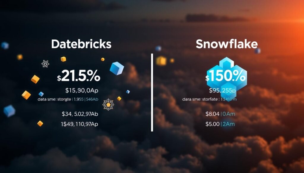 A vibrant, detailed visual comparison of cloud data platform pricing models. In the foreground, floating data points and icons represent the key pricing metrics of Databricks and Snowflake - storage, compute, data transfer, and more. The middle ground showcases sleek, minimalist 3D graphs and charts, allowing easy side-by-side analysis. The background features a moody, ethereal cloud landscape, suggesting the expansive, cloud-based nature of these platforms. Dramatic lighting casts an authoritative, impactful tone, while a shallow depth of field draws the viewer's focus to the essential pricing information. The overall composition conveys a sense of informed, data-driven decision making for cloud data infrastructure.