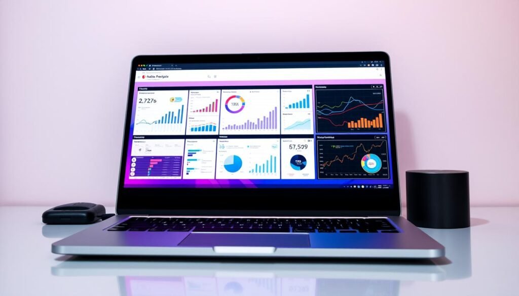 A vibrant, visually striking data analysis portfolio displayed on a sleek, modern laptop. The portfolio showcases a range of visualizations, charts, and analytical insights against a minimalist, yet sophisticated backdrop. Soft, directional lighting emanates from the screen, creating a warm, inviting atmosphere. The laptop is positioned on a clean, uncluttered desk, allowing the portfolio to take center stage. The overall composition conveys a sense of professionalism, attention to detail, and a deep understanding of data-driven storytelling. A vibrant, visually striking data analysis portfolio displayed on a sleek, modern laptop. The portfolio showcases a range of visualizations, charts, and analytical insights against a minimalist, yet sophisticated backdrop. Soft, directional lighting emanates from the screen, creating a warm, inviting atmosphere. The laptop is positioned on a clean, uncluttered desk, allowing the portfolio to take center stage. The overall composition conveys a sense of professionalism, attention to detail, and a deep understanding of data-driven storytelling.