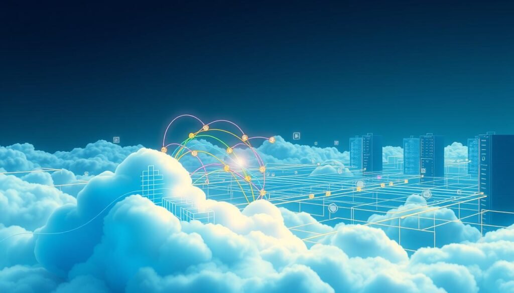 Detailed technical illustration of data integration processes in a cloud computing platform. In the foreground, a cloud data warehouse with various data streams flowing into it, represented by vibrant lines and geometric shapes. In the middle ground, intricate data pipelines and integration tools working seamlessly to facilitate the movement of data. In the background, a sleek and minimalist landscape of cloud infrastructure, servers, and networking elements. Soft, directional lighting creates depth and emphasizes the technological precision. The overall scene conveys the efficiency, scalability, and flexibility of cloud-based data integration solutions. Detailed technical illustration of data integration processes in a cloud computing platform. In the foreground, a cloud data warehouse with various data streams flowing into it, represented by vibrant lines and geometric shapes. In the middle ground, intricate data pipelines and integration tools working seamlessly to facilitate the movement of data. In the background, a sleek and minimalist landscape of cloud infrastructure, servers, and networking elements. Soft, directional lighting creates depth and emphasizes the technological precision. The overall scene conveys the efficiency, scalability, and flexibility of cloud-based data integration solutions.