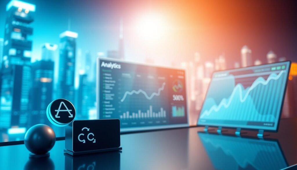 Highly detailed, photorealistic illustration of the top web analytics AI tools currently available on the market, rendered in a stylish, clean, and modern design with a professional, techno-futuristic atmosphere. Prominent in the foreground are sleek and minimalist icons representing the core functionality of leading analytics platforms, arranged in a visually compelling layout. The middle ground features a crisp, high-tech dashboard displaying insightful performance metrics and user data visualizations. The background showcases a radiant, holographic cityscape shrouded in a cool, blue-hued lighting scheme, creating an immersive, data-driven ambiance. The overall composition conveys a sense of innovation, efficiency, and the cutting-edge of web analytics technology. Highly detailed, photorealistic illustration of the top web analytics AI tools currently available on the market, rendered in a stylish, clean, and modern design with a professional, techno-futuristic atmosphere. Prominent in the foreground are sleek and minimalist icons representing the core functionality of leading analytics platforms, arranged in a visually compelling layout. The middle ground features a crisp, high-tech dashboard displaying insightful performance metrics and user data visualizations. The background showcases a radiant, holographic cityscape shrouded in a cool, blue-hued lighting scheme, creating an immersive, data-driven ambiance. The overall composition conveys a sense of innovation, efficiency, and the cutting-edge of web analytics technology.