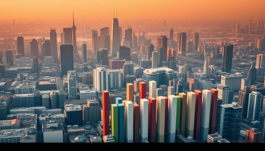 Industry location salary variations - a high-angle view of a bustling cityscape, with skyscrapers and industrial complexes in the background. In the foreground, a grid of different-sized columns or blocks, each representing a specific industry or location, with varying heights and colors to depict the corresponding salary levels. The scene is bathed in a mix of warm and cool tones, creating a sense of balance and contrast. The lighting is soft and diffused, accentuating the depth and three-dimensionality of the composition. The overall atmosphere conveys a sense of data-driven insight and economic dynamics. Industry location salary variations - a high-angle view of a bustling cityscape, with skyscrapers and industrial complexes in the background. In the foreground, a grid of different-sized columns or blocks, each representing a specific industry or location, with varying heights and colors to depict the corresponding salary levels. The scene is bathed in a mix of warm and cool tones, creating a sense of balance and contrast. The lighting is soft and diffused, accentuating the depth and three-dimensionality of the composition. The overall atmosphere conveys a sense of data-driven insight and economic dynamics.