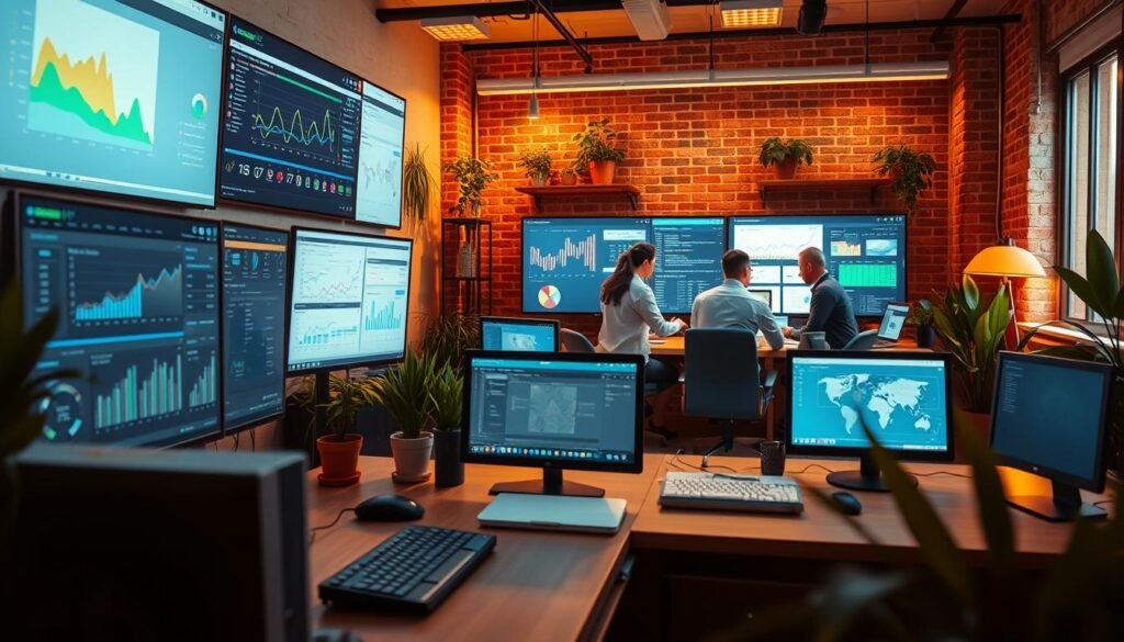 Warm-tinted image of a small business data mining command center. In the foreground, a desktop workstation with various data visualization tools and dashboards. Mid-ground features a team of analysts reviewing reports and insights on large, high-resolution displays. The background showcases a cozy, well-lit office space with potted plants, exposed brick walls, and task lighting accenting the collaborative workspace. The overall scene conveys a sense of focus, productivity, and data-driven decision making. Warm-tinted image of a small business data mining command center. In the foreground, a desktop workstation with various data visualization tools and dashboards. Mid-ground features a team of analysts reviewing reports and insights on large, high-resolution displays. The background showcases a cozy, well-lit office space with potted plants, exposed brick walls, and task lighting accenting the collaborative workspace. The overall scene conveys a sense of focus, productivity, and data-driven decision making.