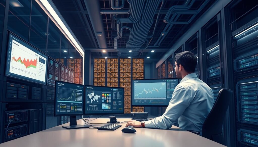 a highly detailed, hyper-realistic digital illustration of a data engineer's responsibilities, showcased in a clean, modern, and visually striking composition. In the foreground, a data engineer sitting at a desk, deeply engaged with advanced analytics dashboards and complex datasets displayed on multiple high-resolution monitors. The middle ground features neatly organized server racks, cables, and storage devices, conveying the importance of data infrastructure management. In the background, a sleek, futuristic data center with glowing LED lights, giving a sense of scale and the technological prowess required for the role. The lighting is bright, directional, and evokes a sense of productivity and efficiency. The overall mood is one of technical mastery, precision, and the critical importance of the data engineer's work in driving business insights and decision-making. a highly detailed, hyper-realistic digital illustration of a data engineer's responsibilities, showcased in a clean, modern, and visually striking composition. In the foreground, a data engineer sitting at a desk, deeply engaged with advanced analytics dashboards and complex datasets displayed on multiple high-resolution monitors. The middle ground features neatly organized server racks, cables, and storage devices, conveying the importance of data infrastructure management. In the background, a sleek, futuristic data center with glowing LED lights, giving a sense of scale and the technological prowess required for the role. The lighting is bright, directional, and evokes a sense of productivity and efficiency. The overall mood is one of technical mastery, precision, and the critical importance of the data engineer's work in driving business insights and decision-making.