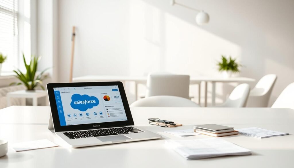 A bright and organized workspace with a laptop, tablet, and notes showcasing Salesforce automation examples. The foreground features a tablet displaying a Salesforce dashboard with icons and metrics, while the middle ground has a laptop open with Salesforce Lightning components. The background depicts a minimalist office setting with clean lines, natural lighting, and a sense of focus and productivity. The overall mood is one of efficiency, clarity, and the power of Salesforce's automation capabilities for beginners. A bright and organized workspace with a laptop, tablet, and notes showcasing Salesforce automation examples. The foreground features a tablet displaying a Salesforce dashboard with icons and metrics, while the middle ground has a laptop open with Salesforce Lightning components. The background depicts a minimalist office setting with clean lines, natural lighting, and a sense of focus and productivity. The overall mood is one of efficiency, clarity, and the power of Salesforce's automation capabilities for beginners.