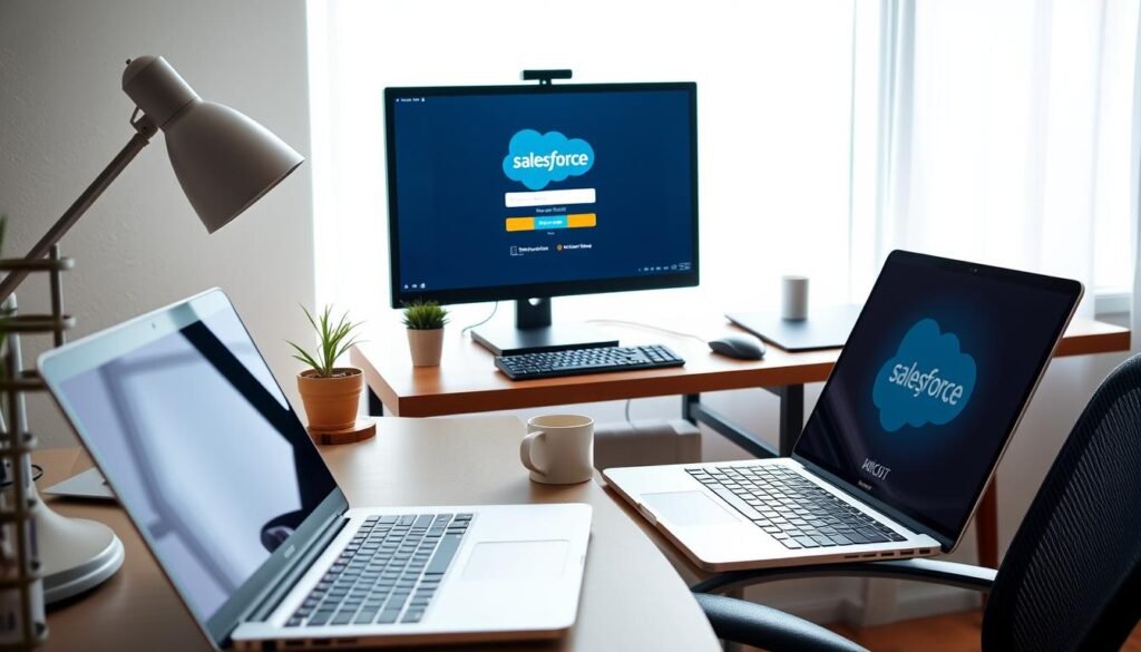 A bright, clean, and well-organized home office setup showcasing a modern desktop computer, a sleek laptop, and a professional-looking Salesforce login screen. The foreground features the laptop prominently, with a minimalist desk setup including a stylish lamp, a potted plant, and a coaster for a cup of coffee. The middle ground shows the desktop computer on a wooden desk, with a keyboard, mouse, and a Salesforce logo-adorned mousepad. The background depicts a large window with natural lighting, providing a sense of openness and productivity. The overall scene conveys a welcoming, inviting, and efficient environment for a beginner's Salesforce training session. A bright, clean, and well-organized home office setup showcasing a modern desktop computer, a sleek laptop, and a professional-looking Salesforce login screen. The foreground features the laptop prominently, with a minimalist desk setup including a stylish lamp, a potted plant, and a coaster for a cup of coffee. The middle ground shows the desktop computer on a wooden desk, with a keyboard, mouse, and a Salesforce logo-adorned mousepad. The background depicts a large window with natural lighting, providing a sense of openness and productivity. The overall scene conveys a welcoming, inviting, and efficient environment for a beginner's Salesforce training session.