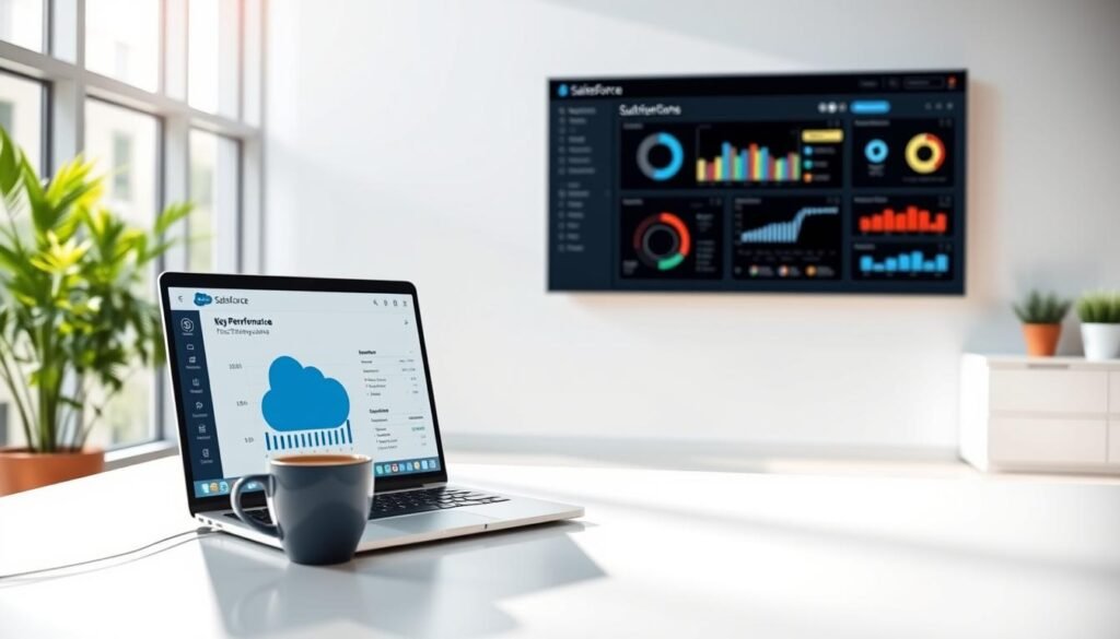 A brightly lit, modern office setting. In the foreground, a clean, minimalist desk with a laptop, mouse, and a cup of coffee. On the laptop screen, a simple Salesforce report displaying key performance metrics and visualizations. The middle ground shows a large, flat-screen monitor mounted on the wall, showcasing an interactive Salesforce dashboard with customizable charts and graphs. In the background, floor-to-ceiling windows allow natural light to flood the space, creating a warm, productive atmosphere. The overall scene conveys a sense of professionalism, efficiency, and ease of use for a Salesforce newbie navigating the reporting capabilities. A brightly lit, modern office setting. In the foreground, a clean, minimalist desk with a laptop, mouse, and a cup of coffee. On the laptop screen, a simple Salesforce report displaying key performance metrics and visualizations. The middle ground shows a large, flat-screen monitor mounted on the wall, showcasing an interactive Salesforce dashboard with customizable charts and graphs. In the background, floor-to-ceiling windows allow natural light to flood the space, creating a warm, productive atmosphere. The overall scene conveys a sense of professionalism, efficiency, and ease of use for a Salesforce newbie navigating the reporting capabilities.