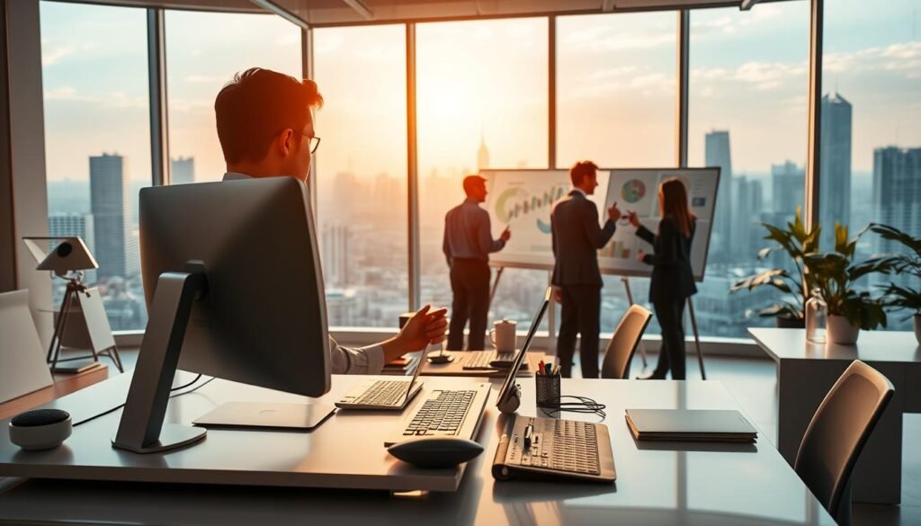 A brightly lit, modern office space filled with sleek, state-of-the-art AI-powered productivity tools. In the foreground, a desk adorned with a high-resolution touchscreen display, a voice-controlled digital assistant, and a sophisticated task management system. In the middle ground, a team of professionals collaborating around a large interactive whiteboard, using AI-driven analytics and visualization tools to boost efficiency. The background features floor-to-ceiling windows offering a panoramic view of a bustling city skyline, creating a sense of energy and innovation. The overall atmosphere is one of focused productivity, enhanced by the seamless integration of cutting-edge AI technologies. A brightly lit, modern office space filled with sleek, state-of-the-art AI-powered productivity tools. In the foreground, a desk adorned with a high-resolution touchscreen display, a voice-controlled digital assistant, and a sophisticated task management system. In the middle ground, a team of professionals collaborating around a large interactive whiteboard, using AI-driven analytics and visualization tools to boost efficiency. The background features floor-to-ceiling windows offering a panoramic view of a bustling city skyline, creating a sense of energy and innovation. The overall atmosphere is one of focused productivity, enhanced by the seamless integration of cutting-edge AI technologies.