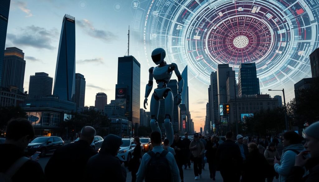 A bustling cityscape at dusk, skyscrapers and high-rises casting long shadows across the streets below. In the foreground, a group of people engrossed in their smartphones, oblivious to the world around them. In the middle ground, a towering android effortlessly navigates the busy sidewalks, its presence a stark juxtaposition to the human-centric scene. The background is a swirling vortex of data, code, and AI algorithms, hinting at the unseen technological forces shaping modern society. The image conveys a sense of both wonder and unease, a commentary on the transformative yet disruptive impact of artificial intelligence on the fabric of contemporary life. A bustling cityscape at dusk, skyscrapers and high-rises casting long shadows across the streets below. In the foreground, a group of people engrossed in their smartphones, oblivious to the world around them. In the middle ground, a towering android effortlessly navigates the busy sidewalks, its presence a stark juxtaposition to the human-centric scene. The background is a swirling vortex of data, code, and AI algorithms, hinting at the unseen technological forces shaping modern society. The image conveys a sense of both wonder and unease, a commentary on the transformative yet disruptive impact of artificial intelligence on the fabric of contemporary life.