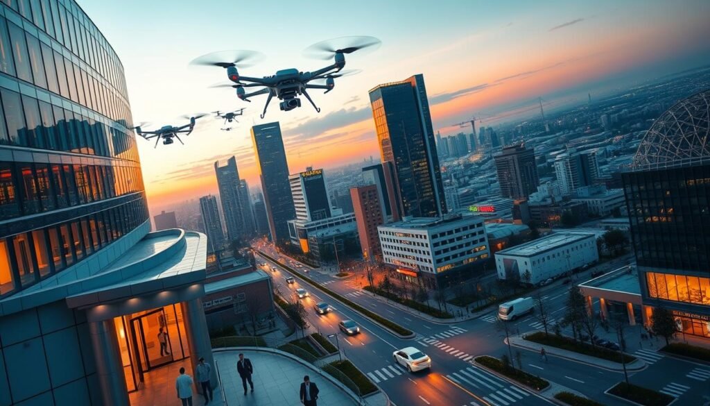 A cityscape at dusk, with gleaming skyscrapers and bustling streets. In the foreground, a hospital building with a sleek, modern design, its windows aglow. Doctors and nurses hurry through the entrance, digital tablets in hand. Hovering above the city, advanced medical drones equipped with state-of-the-art sensors and AI-powered diagnostics. In the middle ground, autonomous vehicles navigate the roads, communicating with traffic control systems to optimize flow. Pedestrians stroll along the sidewalks, their wearable devices tracking health data and providing real-time updates. In the background, a sprawling network of smart infrastructure, from energy-efficient buildings to intelligent waste management systems, all seamlessly integrated through AI-driven optimization. A cityscape at dusk, with gleaming skyscrapers and bustling streets. In the foreground, a hospital building with a sleek, modern design, its windows aglow. Doctors and nurses hurry through the entrance, digital tablets in hand. Hovering above the city, advanced medical drones equipped with state-of-the-art sensors and AI-powered diagnostics. In the middle ground, autonomous vehicles navigate the roads, communicating with traffic control systems to optimize flow. Pedestrians stroll along the sidewalks, their wearable devices tracking health data and providing real-time updates. In the background, a sprawling network of smart infrastructure, from energy-efficient buildings to intelligent waste management systems, all seamlessly integrated through AI-driven optimization.