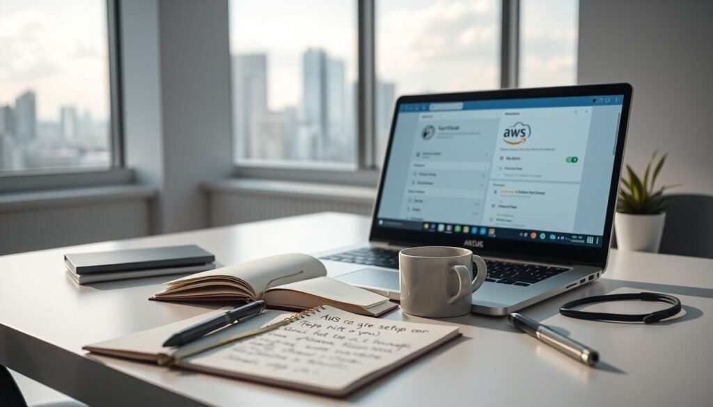 A clean, minimalist office setting with a laptop, notebook, and desk accessories. In the foreground, an open laptop displaying the AWS Glue console, showcasing its intuitive interface. On the desk, a notebook with handwritten notes on AWS Glue setup steps, surrounded by a sleek pen, a mug of coffee, and a small plant. The background features a large window with a cityscape outside, creating a sense of professional environment. Soft, directional lighting from the side illuminates the scene, creating depth and highlighting the details. The overall mood is one of focus, productivity, and a beginner-friendly AWS Glue onboarding experience. A clean, minimalist office setting with a laptop, notebook, and desk accessories. In the foreground, an open laptop displaying the AWS Glue console, showcasing its intuitive interface. On the desk, a notebook with handwritten notes on AWS Glue setup steps, surrounded by a sleek pen, a mug of coffee, and a small plant. The background features a large window with a cityscape outside, creating a sense of professional environment. Soft, directional lighting from the side illuminates the scene, creating depth and highlighting the details. The overall mood is one of focus, productivity, and a beginner-friendly AWS Glue onboarding experience.
