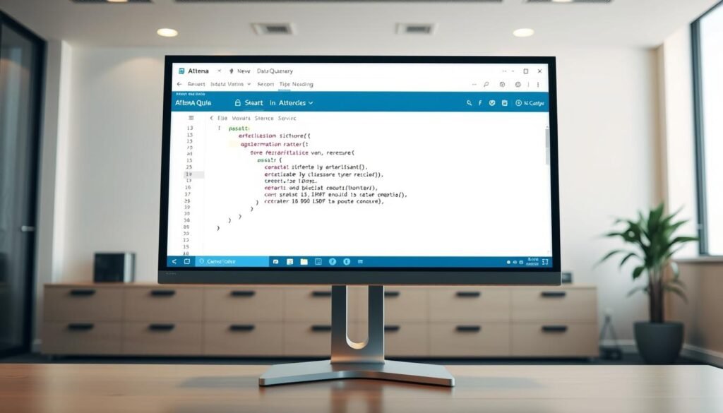A clean, well-lit office interior with a large, modern computer monitor displaying an Athena query interface. The screen shows a SQL query with several JOIN clauses, illustrating how Athena can combine data from multiple sources. The scene has a calm, professional atmosphere, with subtle warm lighting and a minimalist, tech-forward aesthetic. The camera angle is slightly elevated, providing a clear view of the screen content. The overall impression conveys the power and flexibility of Athena's querying capabilities. A clean, well-lit office interior with a large, modern computer monitor displaying an Athena query interface. The screen shows a SQL query with several JOIN clauses, illustrating how Athena can combine data from multiple sources. The scene has a calm, professional atmosphere, with subtle warm lighting and a minimalist, tech-forward aesthetic. The camera angle is slightly elevated, providing a clear view of the screen content. The overall impression conveys the power and flexibility of Athena's querying capabilities.