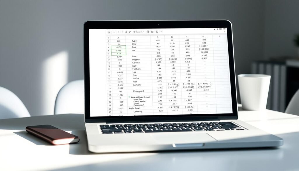 A clean, well-lit office setting with a laptop open on a desk, displaying an Excel spreadsheet with various formulas and calculations prominently featured. The spreadsheet occupies the center of the frame, with a clean white background and gentle shadows providing depth and dimension. The lighting is soft and diffused, creating a professional and educational atmosphere. The camera angle is slightly elevated, providing a clear view of the spreadsheet and its contents. The overall scene conveys a sense of learning, productivity, and the power of Excel's essential formulas for beginners.