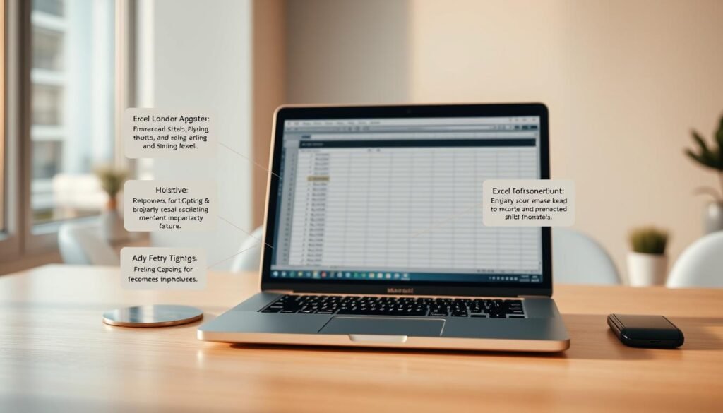 A clean, well-organized workspace with a laptop and keyboard prominently displayed. The laptop screen shows a spreadsheet with intuitive visual indicators highlighting various Excel shortcuts and tips. The lighting is warm and natural, casting a gentle glow on the scene. The background is blurred, suggesting a modern, minimalist office environment. The overall mood is one of productivity, efficiency, and the empowerment that comes from mastering Excel's advanced features.