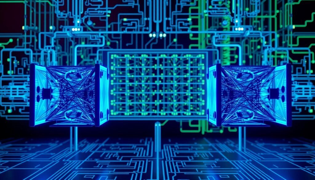 A complex architectural diagram depicting the key components of a generative adversarial network (GAN). In the foreground, two neural networks face each other - the generator and the discriminator - engaged in an adversarial training process. The background features a detailed grid-like structure representing the input data and the latent space. Bright blue and green hues illuminate the scene, creating a futuristic, high-tech atmosphere. The image is rendered with a technical, blueprint-like aesthetic, emphasizing the intricate, interconnected nature of the GAN architecture. A complex architectural diagram depicting the key components of a generative adversarial network (GAN). In the foreground, two neural networks face each other - the generator and the discriminator - engaged in an adversarial training process. The background features a detailed grid-like structure representing the input data and the latent space. Bright blue and green hues illuminate the scene, creating a futuristic, high-tech atmosphere. The image is rendered with a technical, blueprint-like aesthetic, emphasizing the intricate, interconnected nature of the GAN architecture.