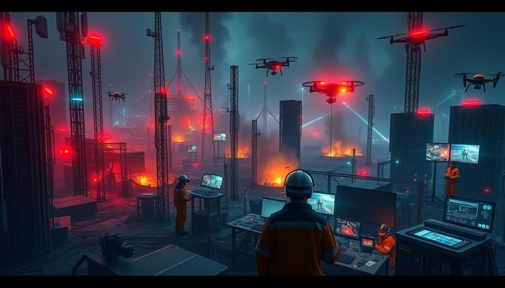 A complex network of AI-powered sensors and drones monitoring a disaster zone, with first responders using augmented reality interfaces to coordinate rescue efforts. Towering communication towers and server racks in the background, bathed in an eerie glow from emergency lights. Vivid details like thermal imaging cameras, robotic search-and-rescue units, and holographic command centers convey the cutting-edge technology at work. The overall mood is one of controlled chaos, as the AI systems strive to bring order to the catastrophe unfolding before them. A complex network of AI-powered sensors and drones monitoring a disaster zone, with first responders using augmented reality interfaces to coordinate rescue efforts. Towering communication towers and server racks in the background, bathed in an eerie glow from emergency lights. Vivid details like thermal imaging cameras, robotic search-and-rescue units, and holographic command centers convey the cutting-edge technology at work. The overall mood is one of controlled chaos, as the AI systems strive to bring order to the catastrophe unfolding before them.