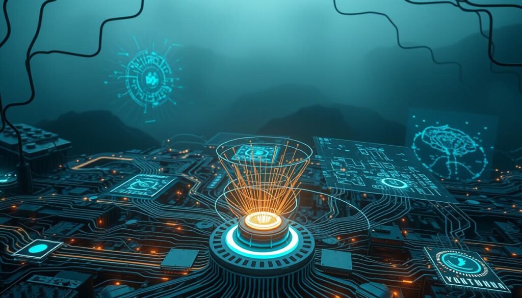 A complex network of interconnected artificial intelligence systems, their circuitry and processors illuminated by a soft, ambient glow. In the foreground, a central control unit with a pulsing, ethereal core, surrounded by a matrix of neural pathways and algorithms. In the middle ground, holographic displays project intricate data visualizations, simulating the inner workings of these advanced AI models. The background is shrouded in a hazy, futuristic landscape, hinting at the vast potential and implications of artificial general intelligence. A complex network of interconnected artificial intelligence systems, their circuitry and processors illuminated by a soft, ambient glow. In the foreground, a central control unit with a pulsing, ethereal core, surrounded by a matrix of neural pathways and algorithms. In the middle ground, holographic displays project intricate data visualizations, simulating the inner workings of these advanced AI models. The background is shrouded in a hazy, futuristic landscape, hinting at the vast potential and implications of artificial general intelligence.