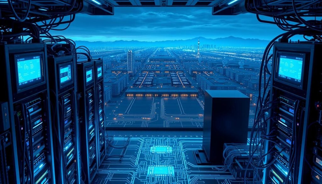 A complex, sleek infrastructure of interconnected servers, cables, and glowing displays fills the foreground, bathed in cool, bluish lighting. In the middle ground, a network of intricate circuits and data flows visualize the underlying computational processes. The background features a vast, expansive landscape of towering data centers and satellite dishes, symbolizing the global scale of modern AI technology. Capture the technological prowess, interconnectivity, and scale of AI infrastructure in a visually striking, futuristic composition. A complex, sleek infrastructure of interconnected servers, cables, and glowing displays fills the foreground, bathed in cool, bluish lighting. In the middle ground, a network of intricate circuits and data flows visualize the underlying computational processes. The background features a vast, expansive landscape of towering data centers and satellite dishes, symbolizing the global scale of modern AI technology. Capture the technological prowess, interconnectivity, and scale of AI infrastructure in a visually striking, futuristic composition.