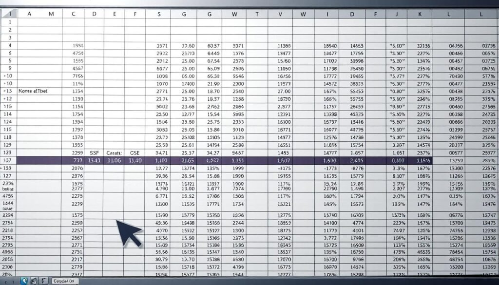 A crisp, clean spreadsheet with expertly formatted cells, headers, and data. Soft, diffused lighting illuminates the delicate grid lines and precise numeric values. Sleek, metallic interface elements create a professional, high-tech atmosphere. In the foreground, a cursor hovers over a dropdown menu, hinting at the powerful formatting tools at the user's fingertips. The middle ground showcases a meticulously designed table, with harmonious color schemes and strategically placed borders. The background fades into a minimalist, gradient-based design, allowing the spreadsheet to take center stage as the focus of this image.